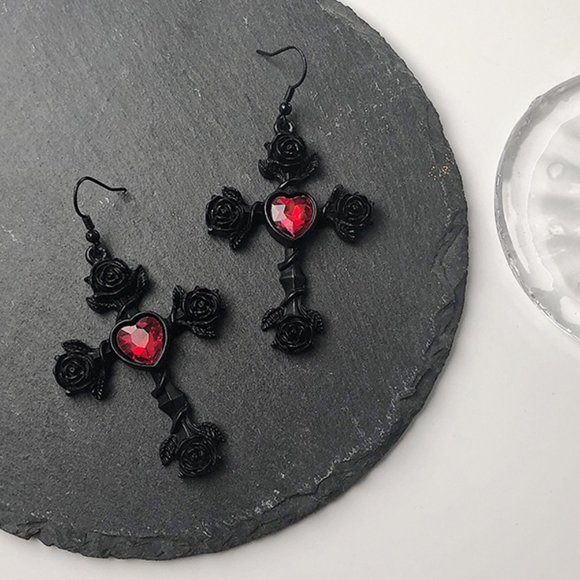 Rose Flower Black Cross Earrings - Picture 1 of 4